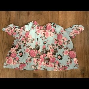 Blue rain medium off the shoulder blue and pink floral top